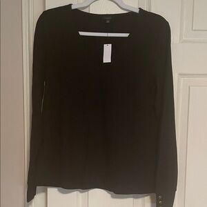 Talbots Elegant Black V-Neck Blouse with gold buttons